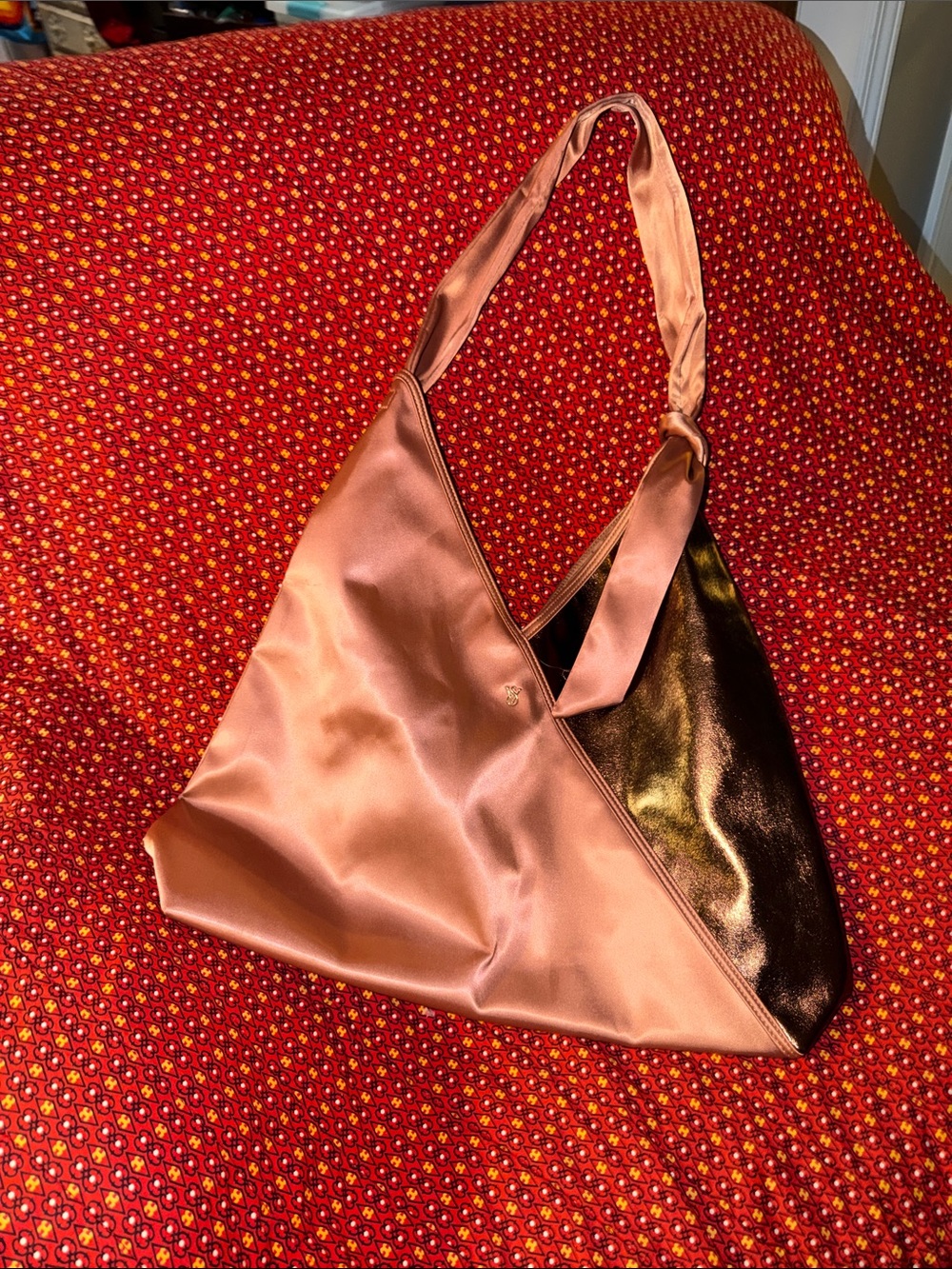 Victoriaβs Secret Satin Triangle Shoulder Bag in Blush Pink and Metallic Bronze